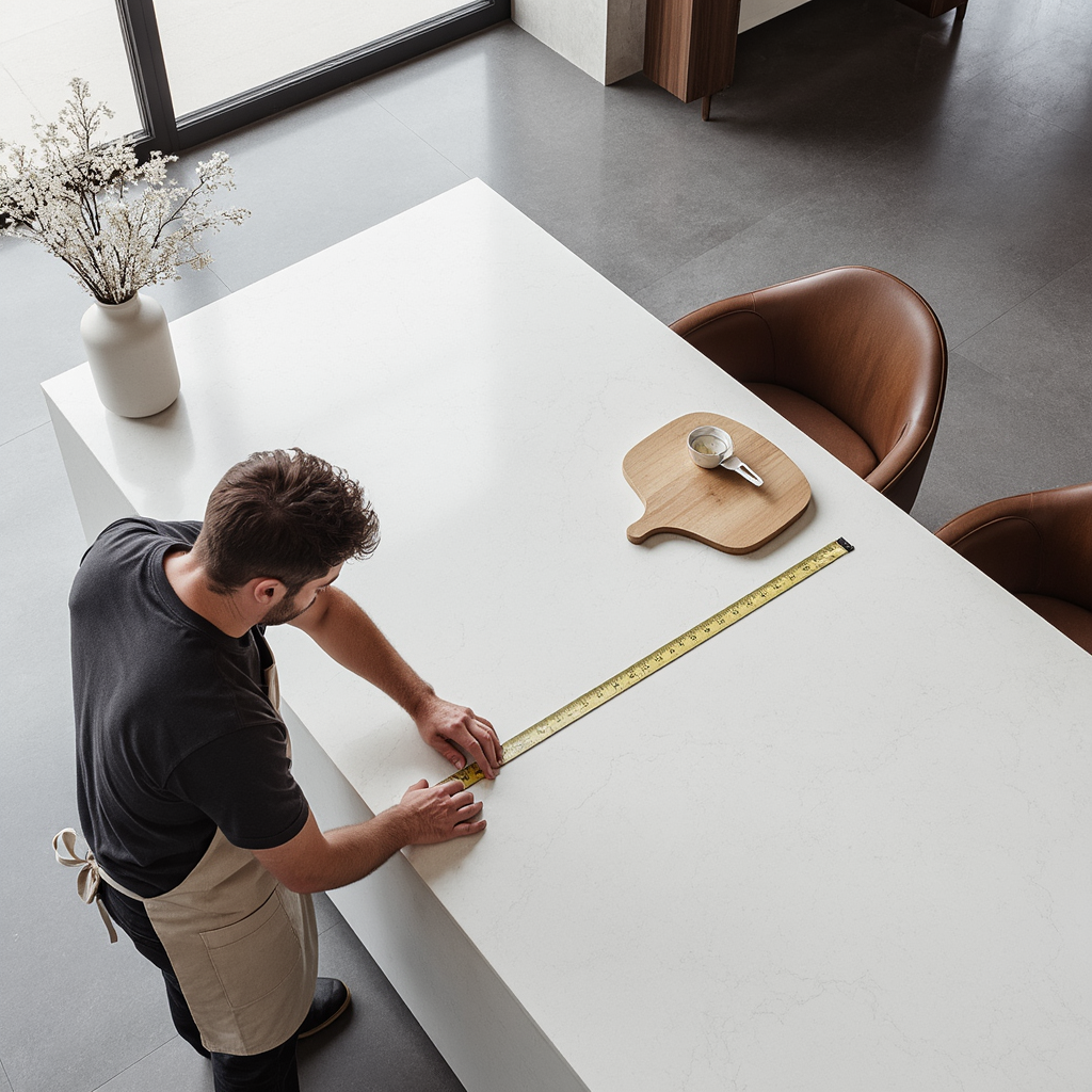 Illustration: så mäter du din egen bänkskiva steg för steg, med måttband och skiss.