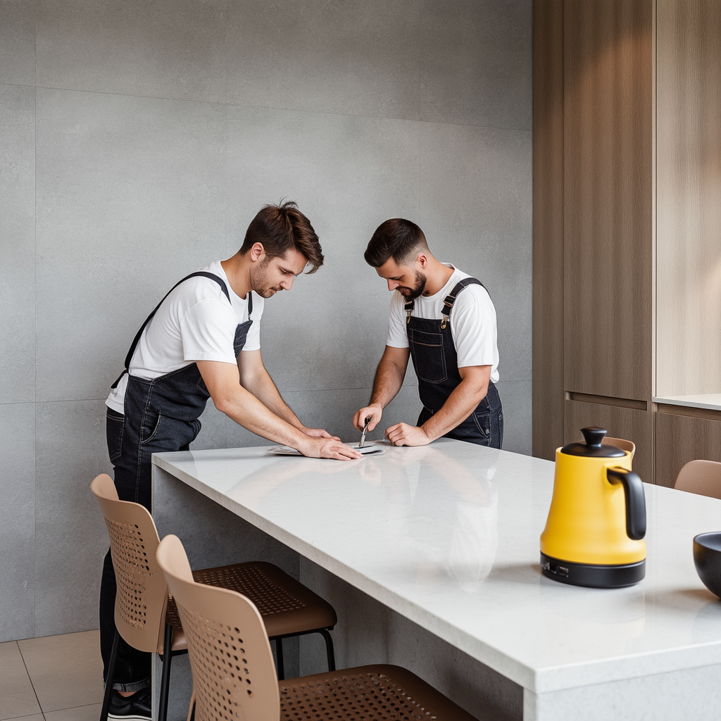 Montör som installerar kvartsbänkskiva i skandinaviskt kök