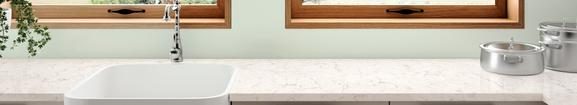 Vit kvartsbänkskiva i Silestone Snowy Ibiza med markerad tjock kant