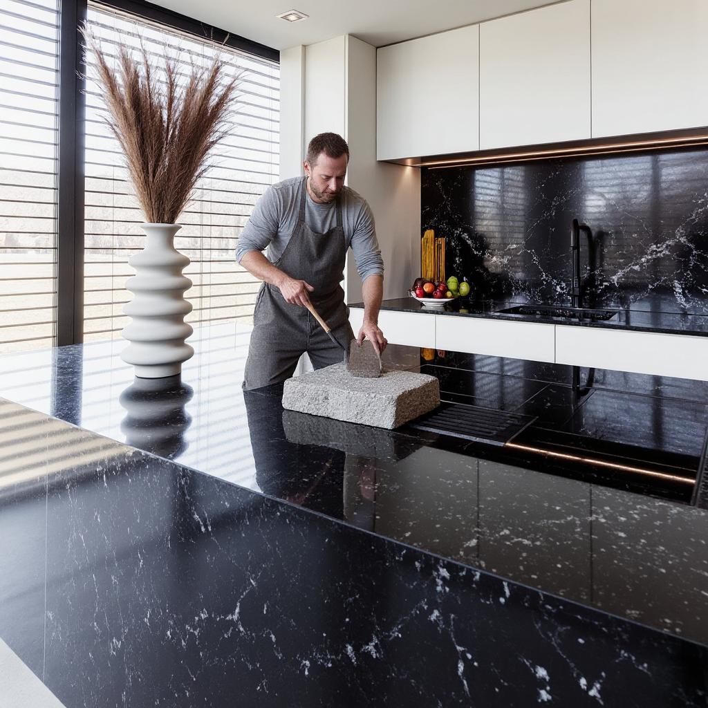 Person som rengör kvartsbänkskiva med mjuk trasa och miljövänligt rengöringsmedel